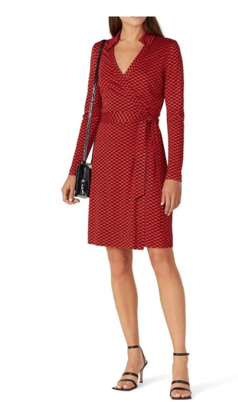 Diane Von Furstenberg silk wrap dress all-over heart print women's size large